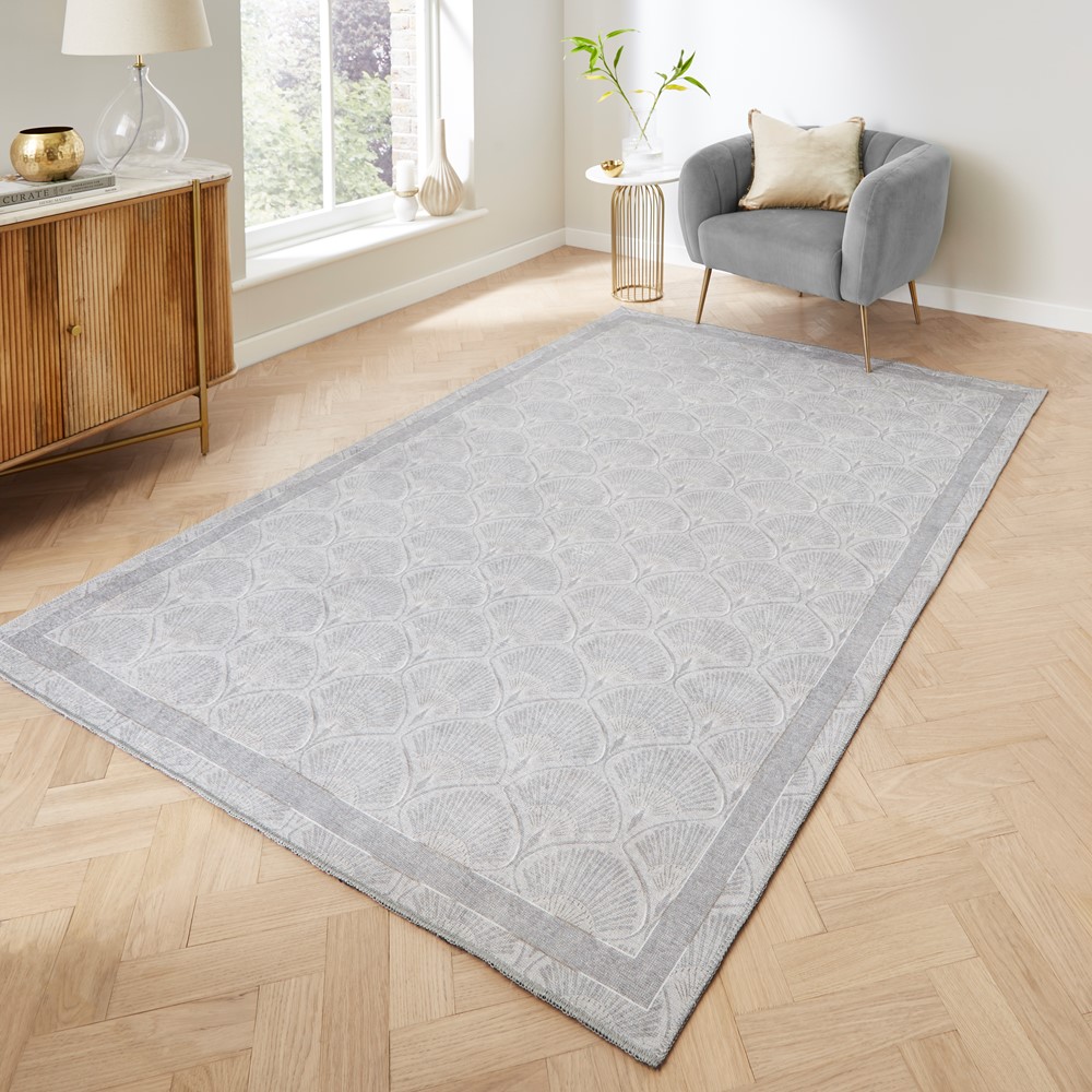 Deco Peacock Modern Washable Rugs by Catherine Lansfield in Silver Grey